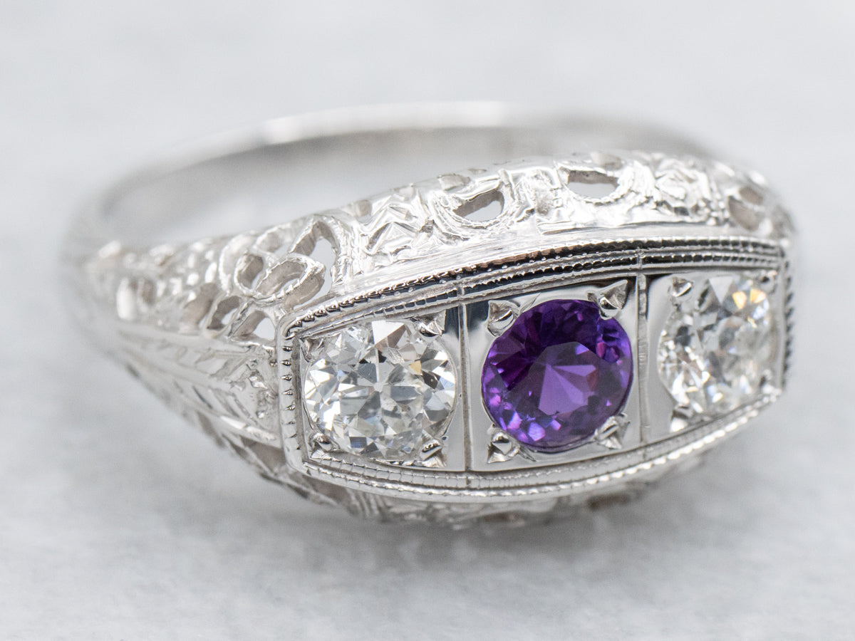 Art Deco Purple Sapphire and Diamond Three Stone Ring
