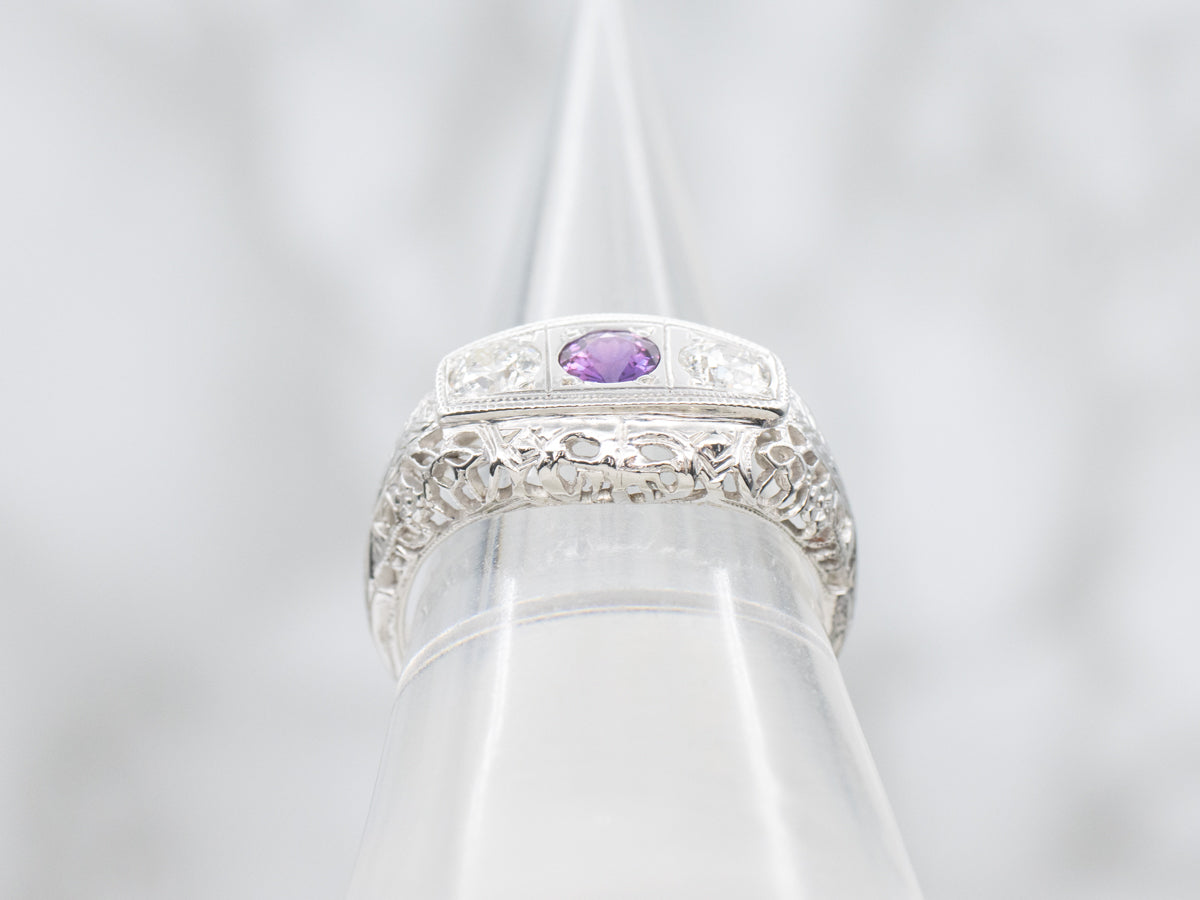 Art Deco Purple Sapphire and Diamond Three Stone Ring
