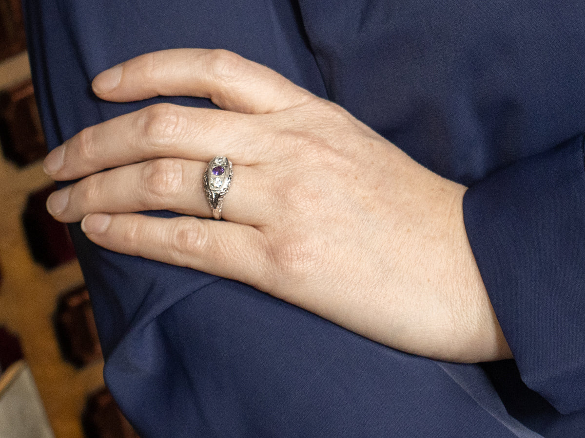 Art Deco Purple Sapphire and Diamond Three Stone Ring