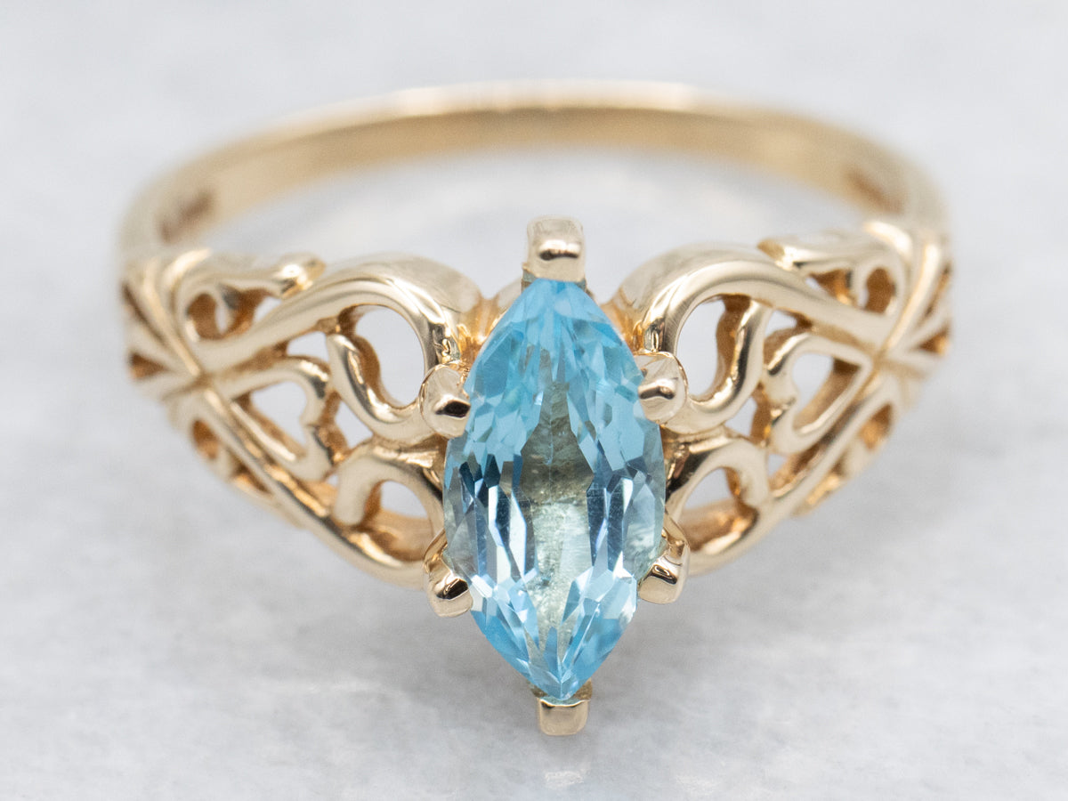 Swiss Blue Topaz Gold Filigree Ring