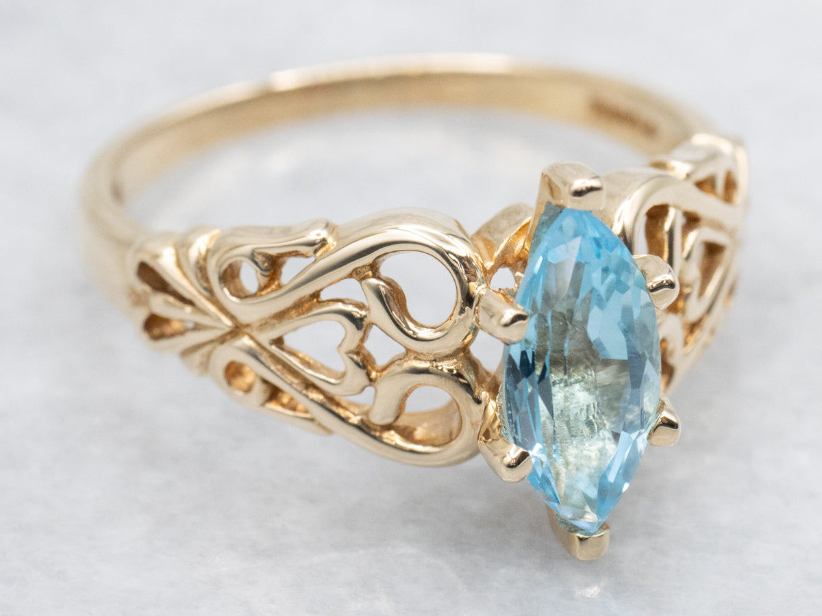 Swiss Blue Topaz Gold Filigree Ring