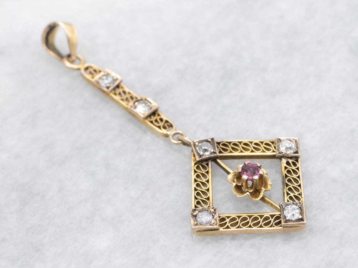 Antique Ruby and Old Mine Cut Diamond Buttercup Lavalier Pendant