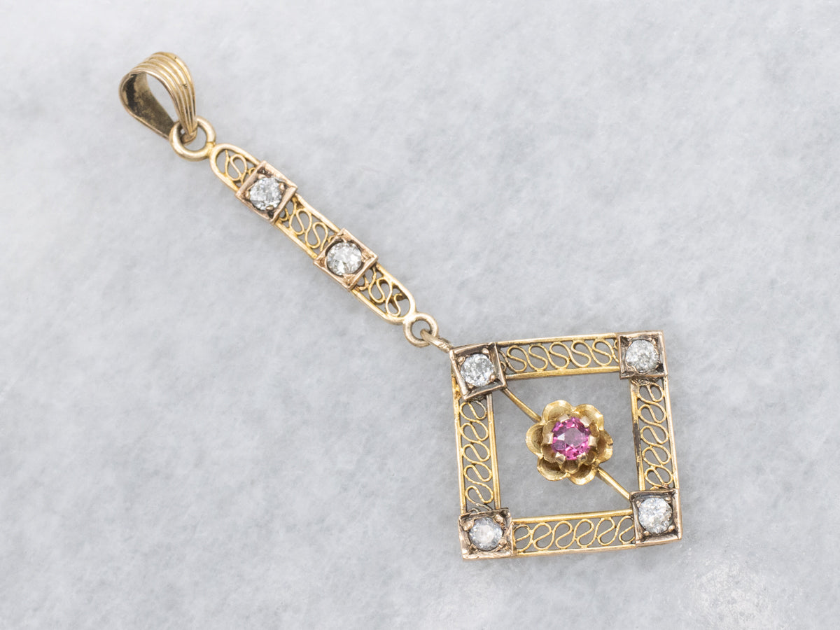 Antique Ruby and Old Mine Cut Diamond Buttercup Lavalier Pendant