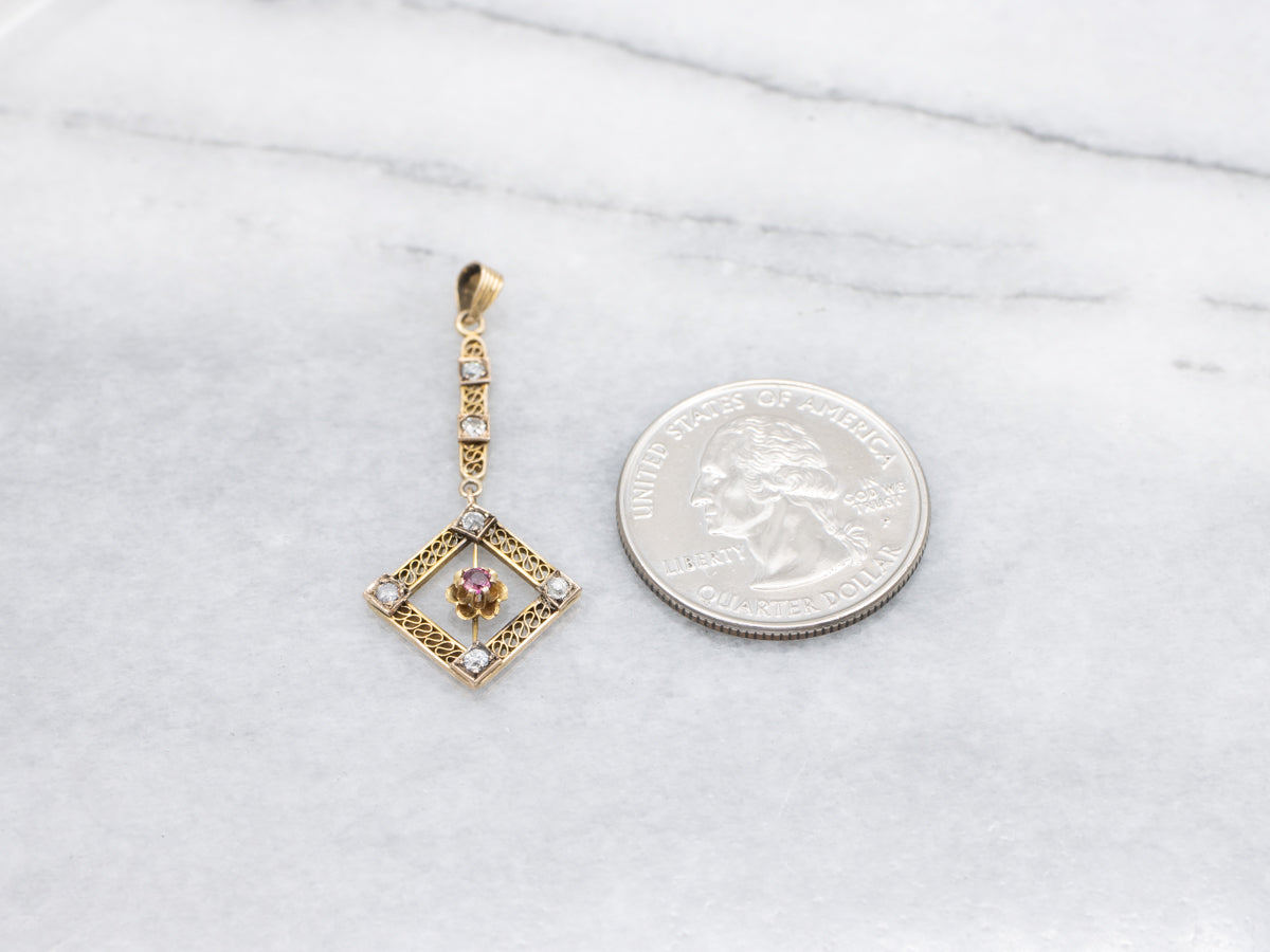 Antique Ruby and Old Mine Cut Diamond Buttercup Lavalier Pendant