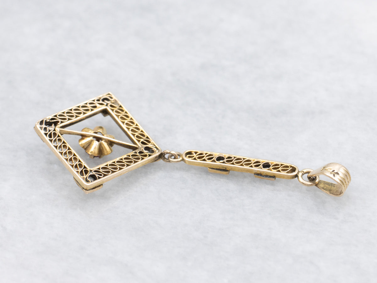 Antique Ruby and Old Mine Cut Diamond Buttercup Lavalier Pendant