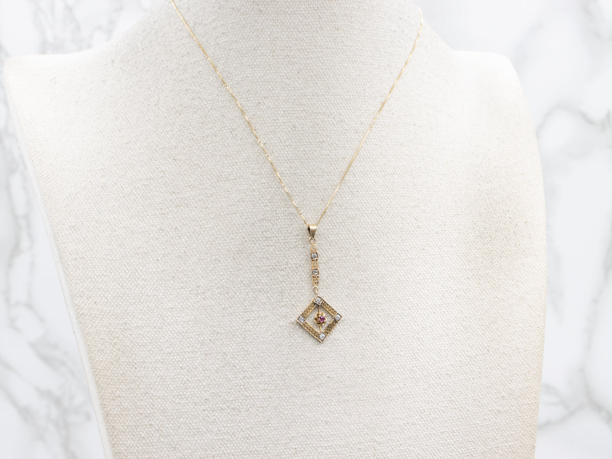 Antique Ruby and Old Mine Cut Diamond Buttercup Lavalier Pendant