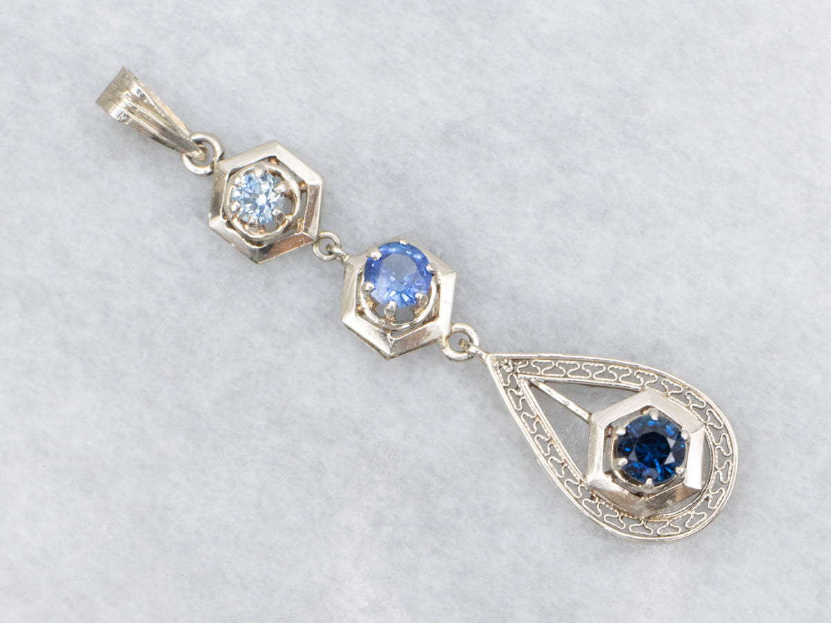 Ombre Sapphire Hexagonal and Pear Shaped Art Deco Lavalier Drop Pendant