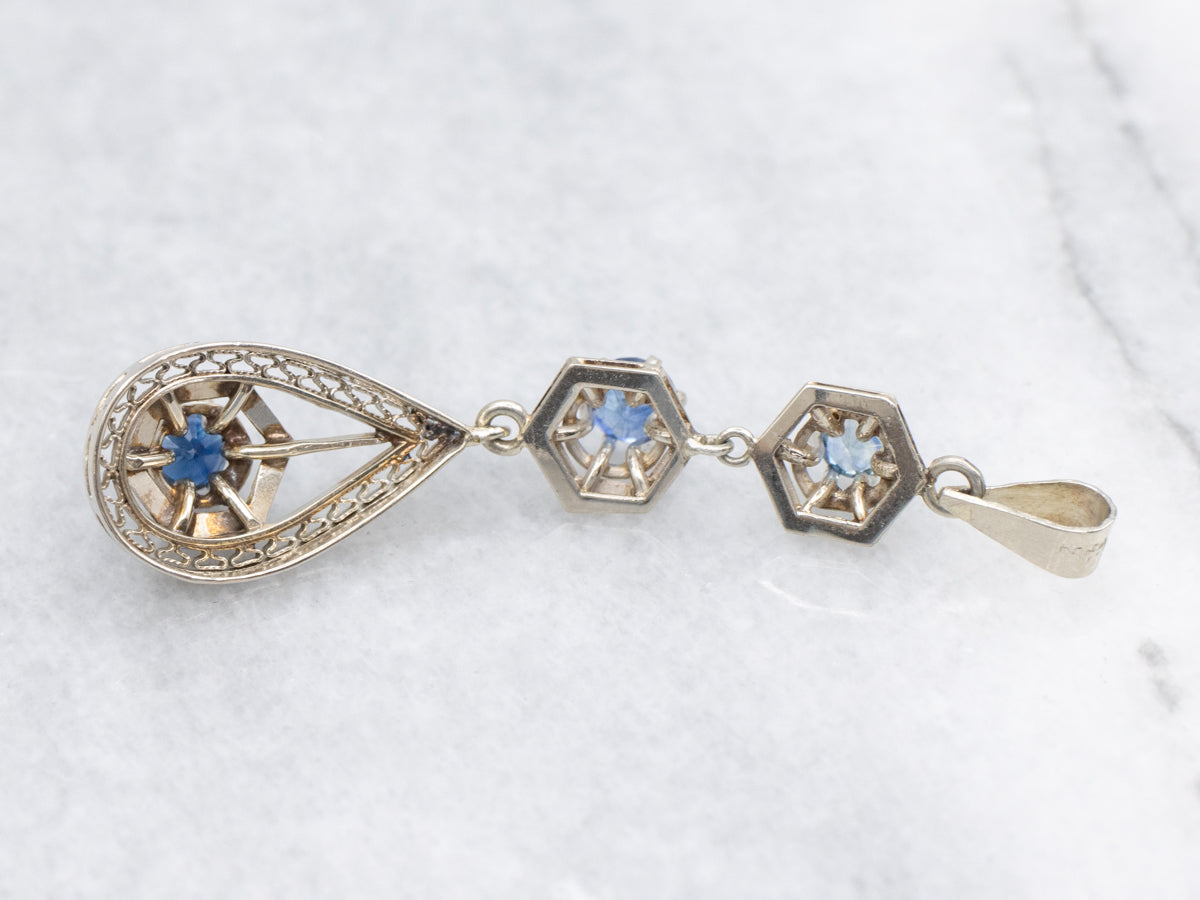 Ombre Sapphire Hexagonal and Pear Shaped Art Deco Lavalier Drop Pendant