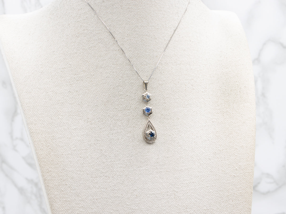 Ombre Sapphire Hexagonal and Pear Shaped Art Deco Lavalier Drop Pendant