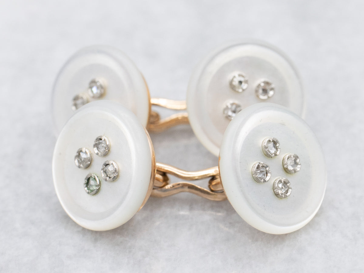 Vintage Hand Carved Mother Of Pearl and Diamond Cufflinks