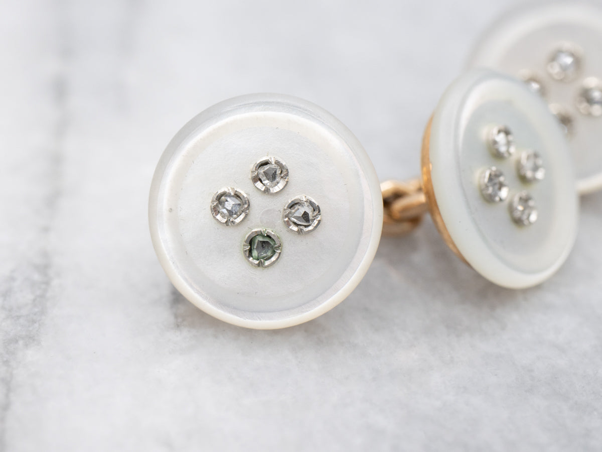Vintage Hand Carved Mother Of Pearl and Diamond Cufflinks