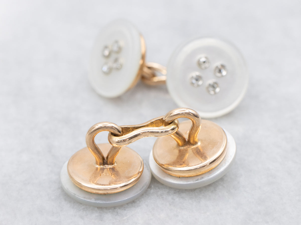 Vintage Hand Carved Mother Of Pearl and Diamond Cufflinks