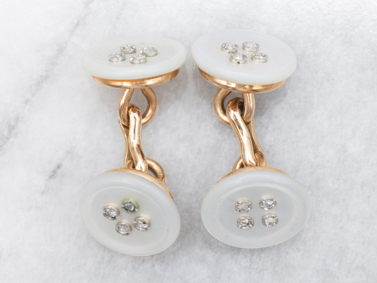 Vintage Hand Carved Mother Of Pearl and Diamond Cufflinks