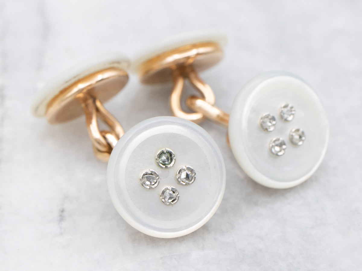 Vintage Hand Carved Mother Of Pearl and Diamond Cufflinks