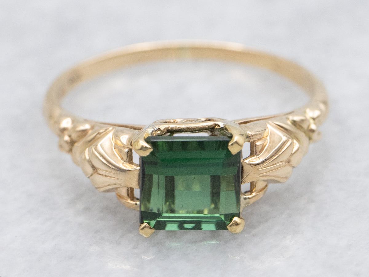 Floral Yellow Gold Green Tourmaline Solitaire Ring