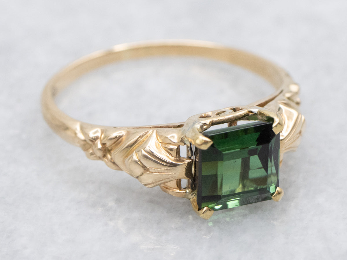 Floral Yellow Gold Green Tourmaline Solitaire Ring