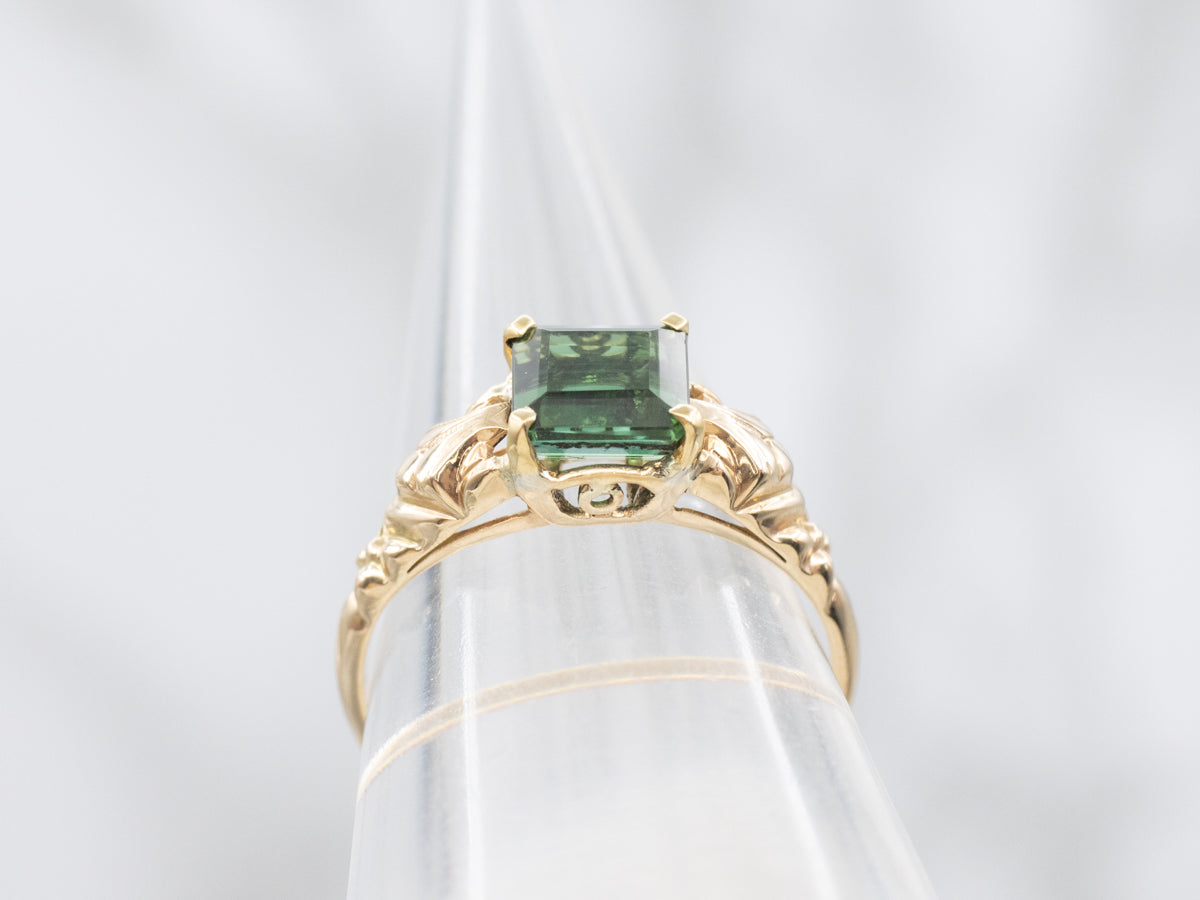 Floral Yellow Gold Green Tourmaline Solitaire Ring