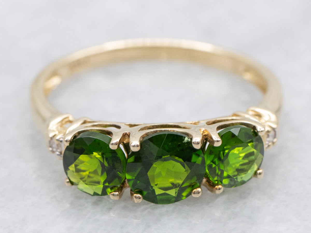 Vintage Three Stone Chrome Diopside with Diamond Accent Ring