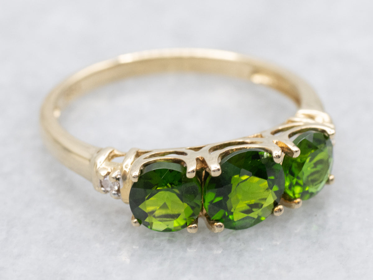 Vintage Three Stone Chrome Diopside with Diamond Accent Ring