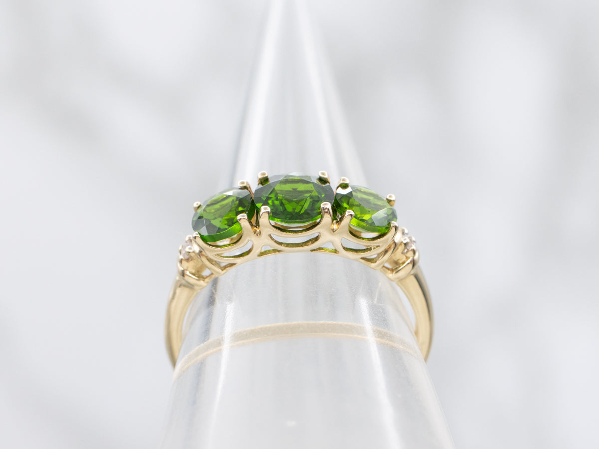 Vintage Three Stone Chrome Diopside with Diamond Accent Ring