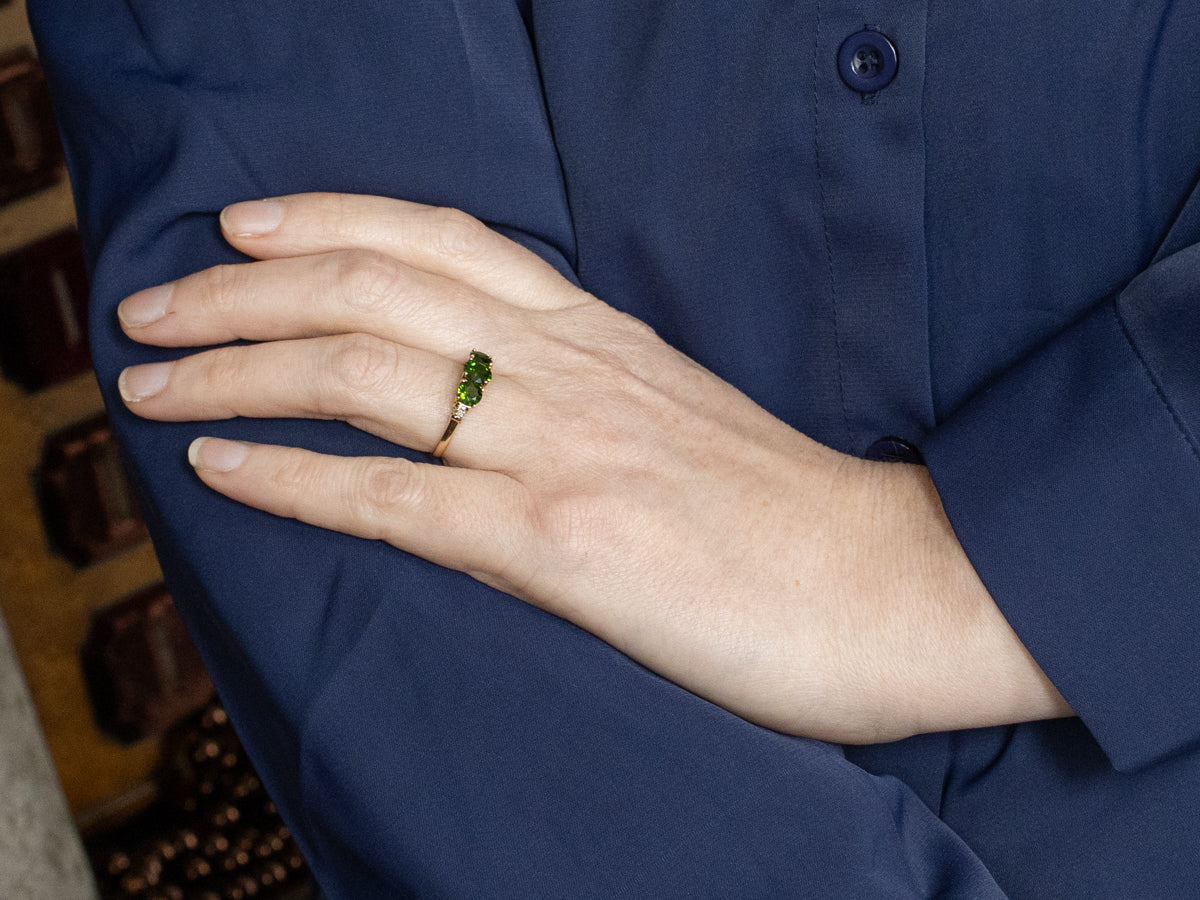 Vintage Three Stone Chrome Diopside with Diamond Accent Ring