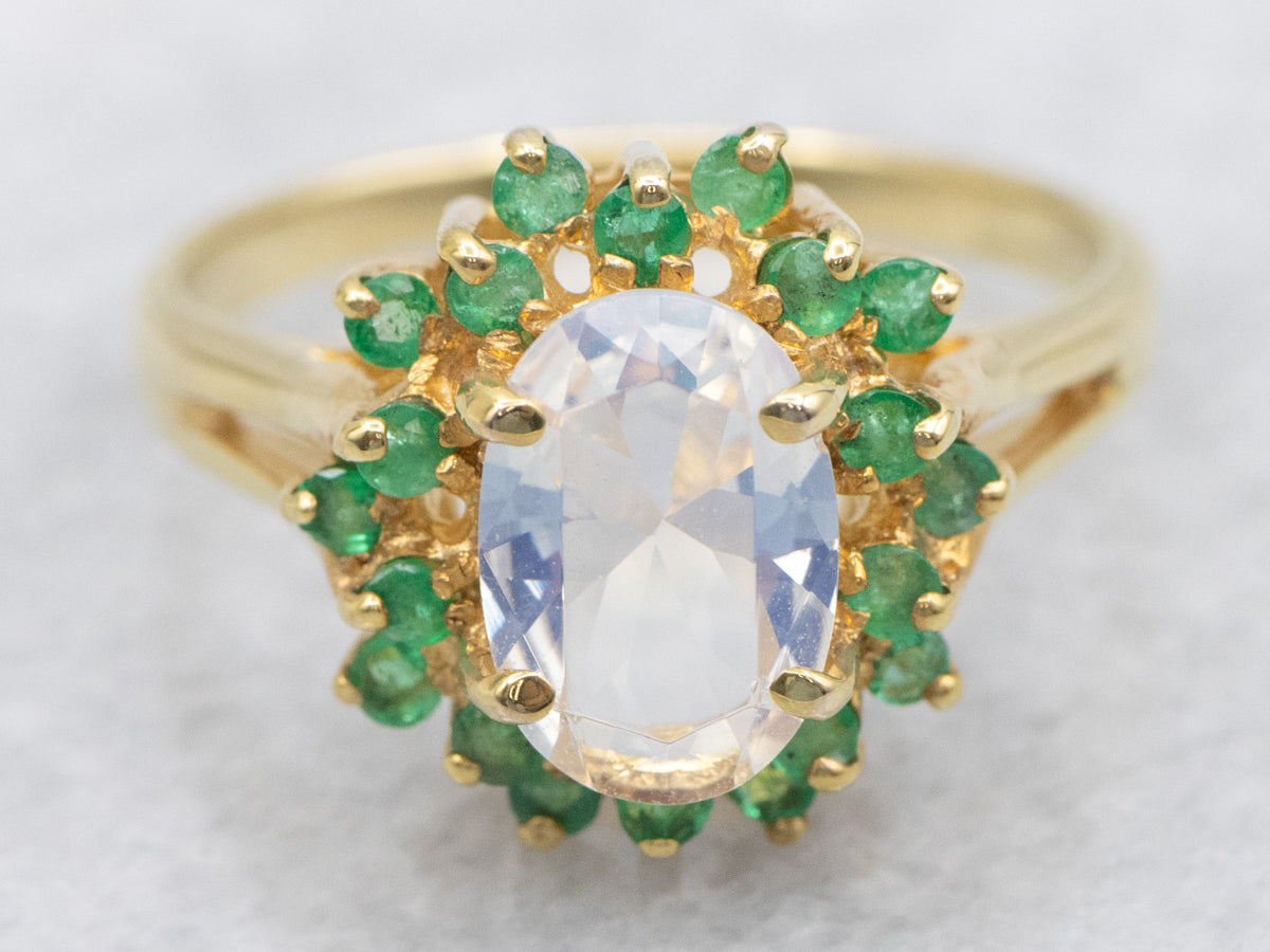 Faceted Blue-Flash Moonstone and Emerald Halo Ring