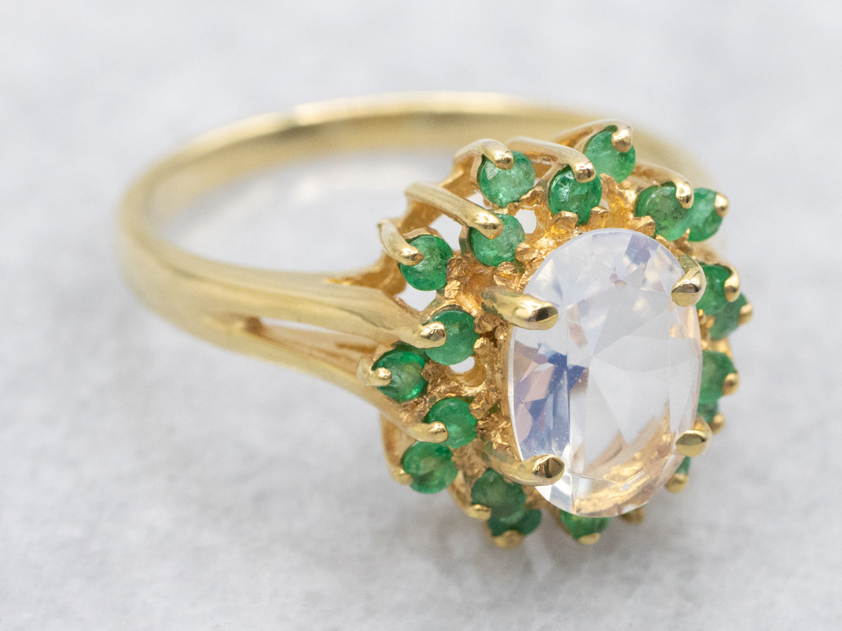 Faceted Blue-Flash Moonstone and Emerald Halo Ring