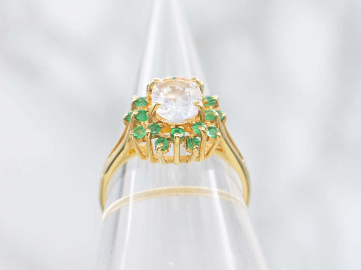 Faceted Blue-Flash Moonstone and Emerald Halo Ring