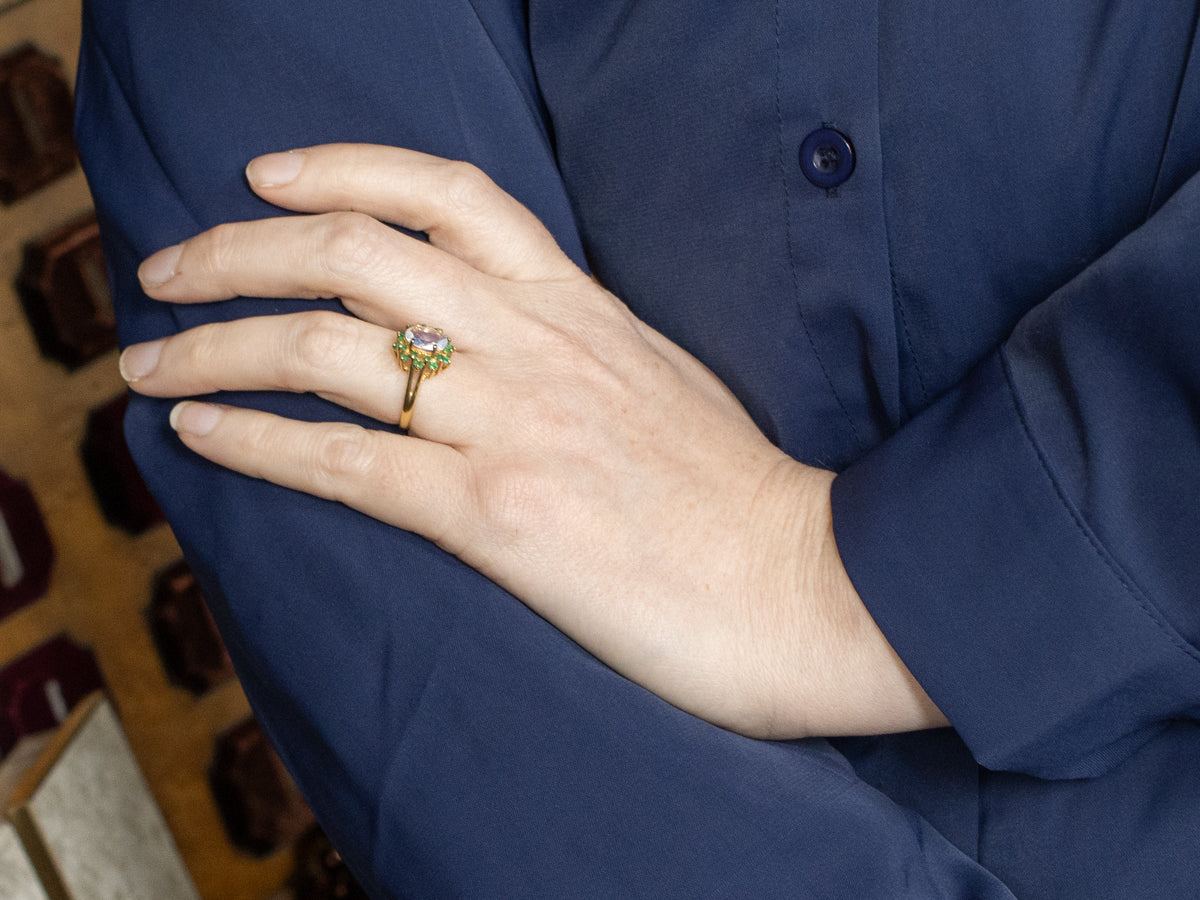 Faceted Blue-Flash Moonstone and Emerald Halo Ring