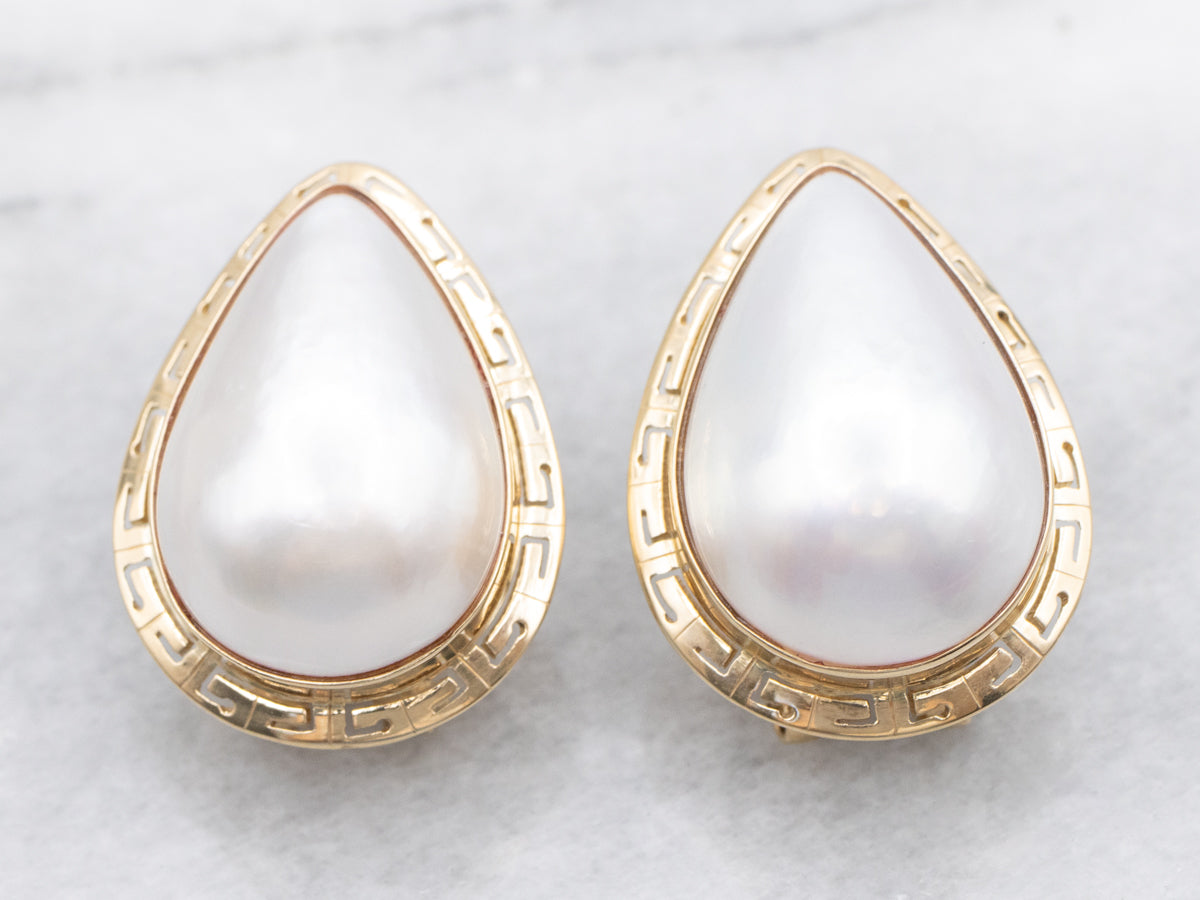 Gold Greek Key Border Mabe Pearl Stud Earrings