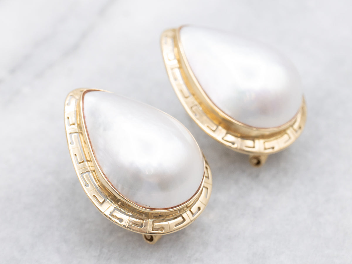 Gold Greek Key Border Mabe Pearl Stud Earrings