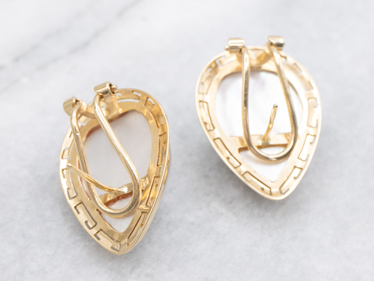 Gold Greek Key Border Mabe Pearl Stud Earrings