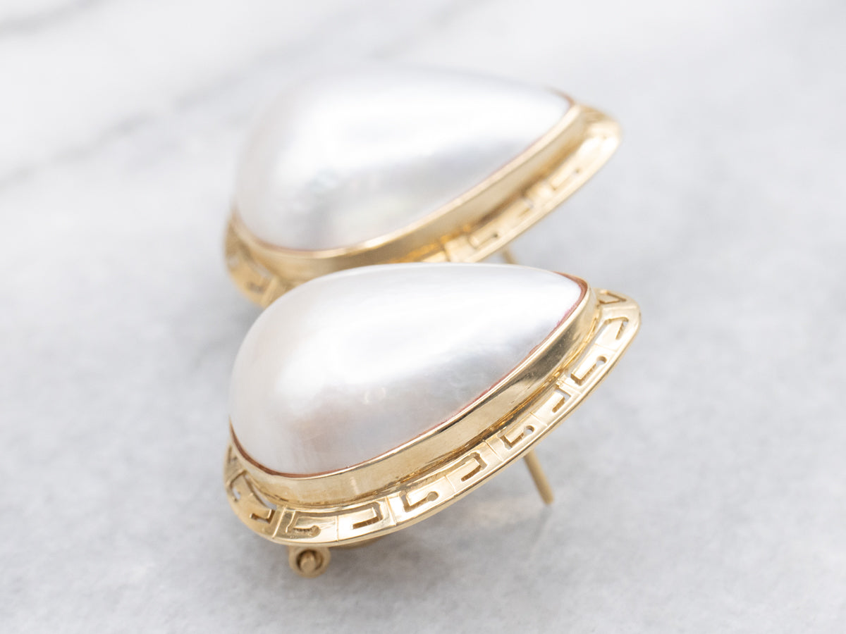 Gold Greek Key Border Mabe Pearl Stud Earrings