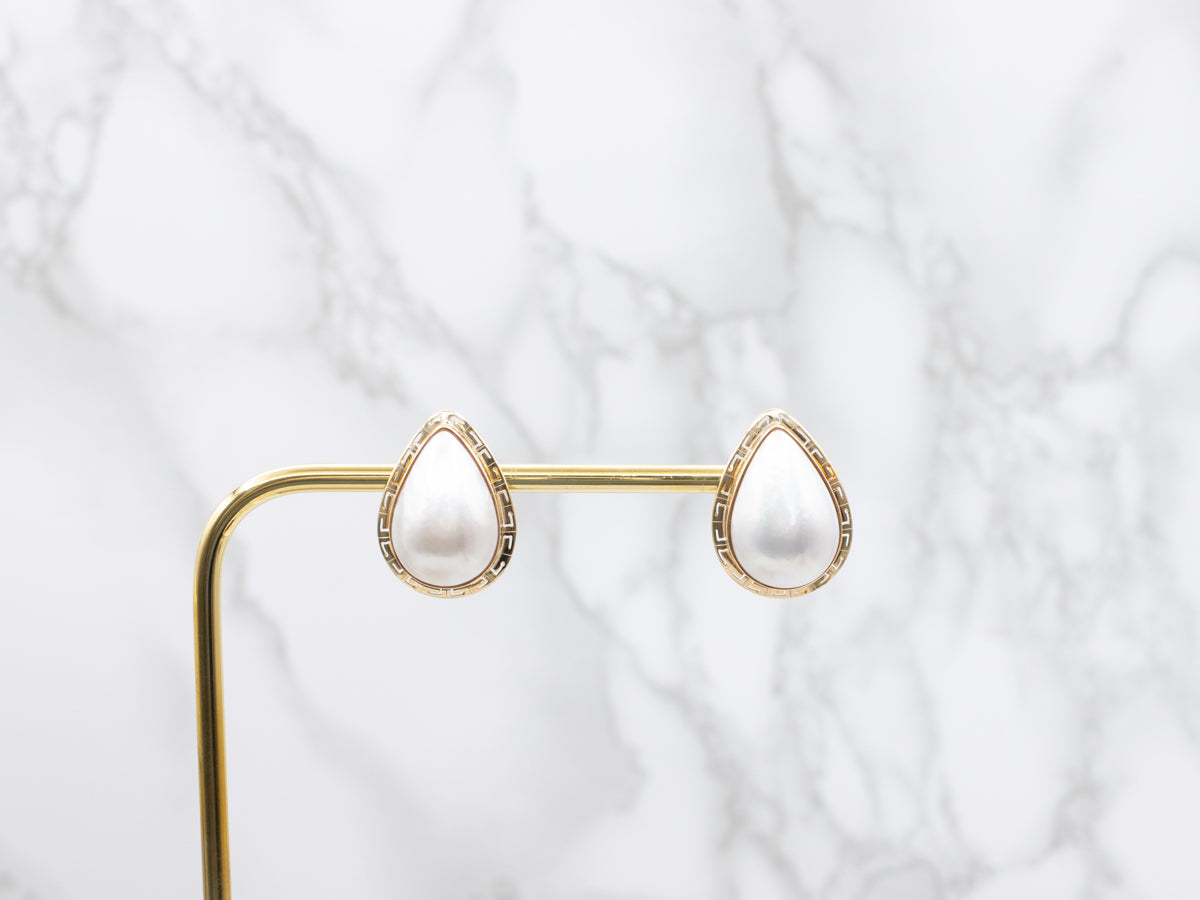 Gold Greek Key Border Mabe Pearl Stud Earrings