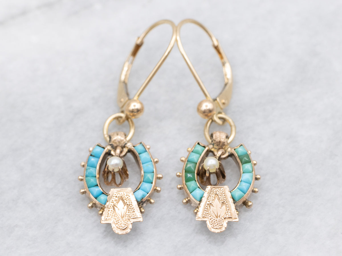 Victorian Gold Turquoise and Buttercup Pearl Drop Earrings