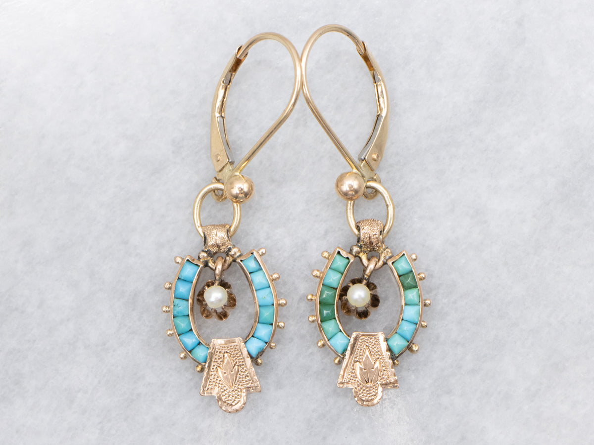 Victorian Gold Turquoise and Buttercup Pearl Drop Earrings