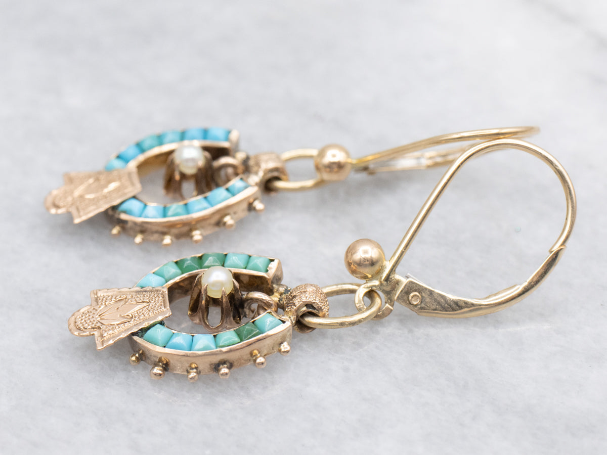 Victorian Gold Turquoise and Buttercup Pearl Drop Earrings