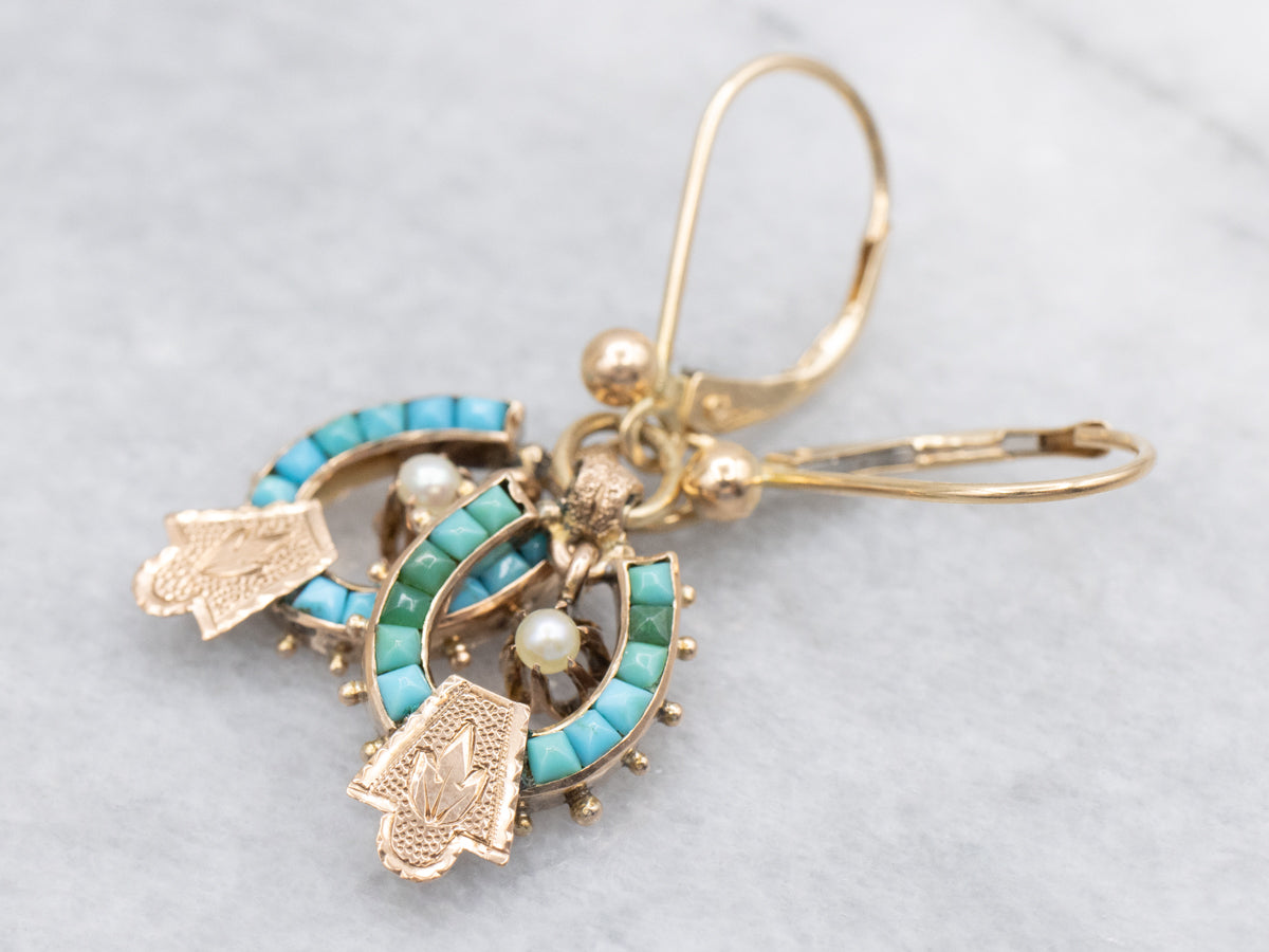 Victorian Gold Turquoise and Buttercup Pearl Drop Earrings