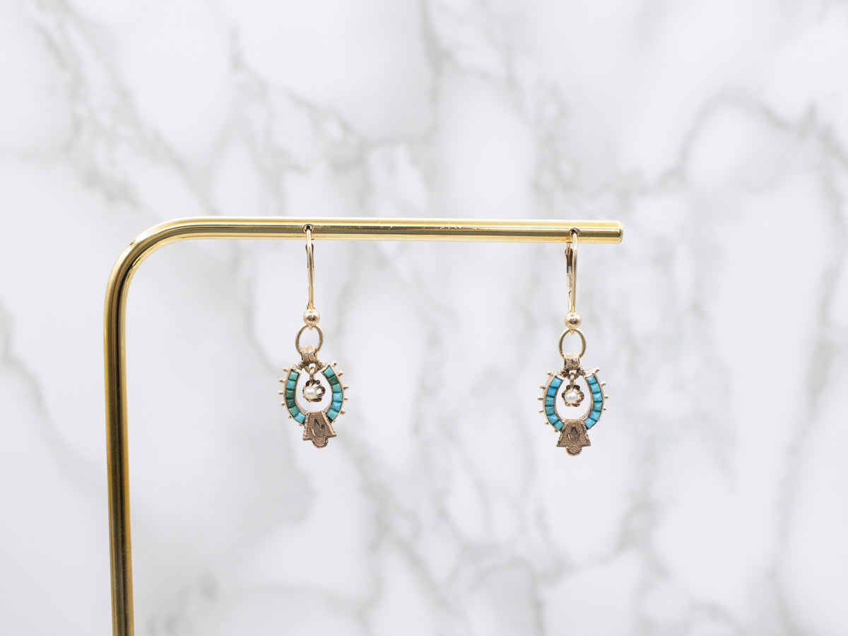 Victorian Gold Turquoise and Buttercup Pearl Drop Earrings