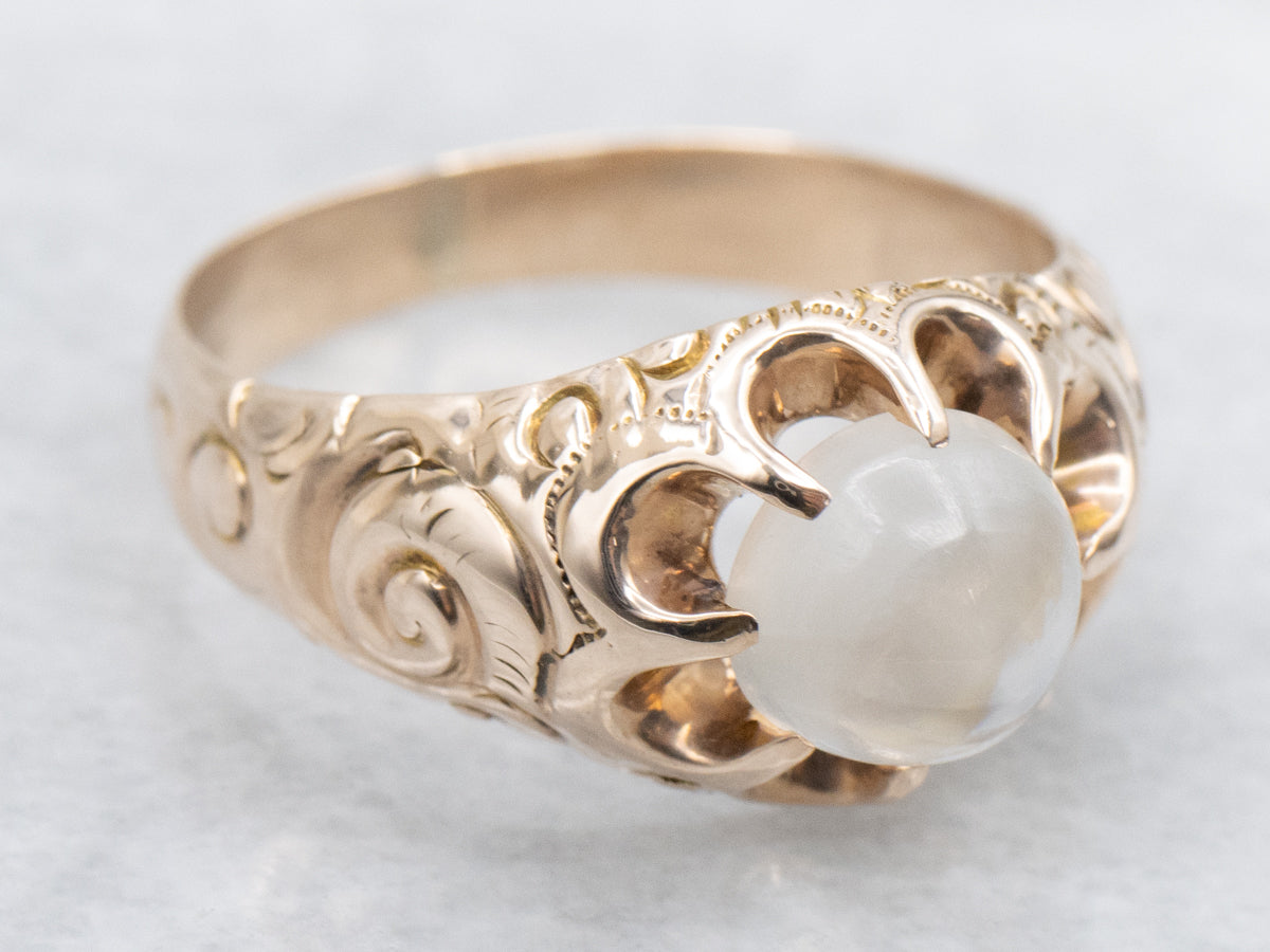 Anillo Belcher victoriano antiguo tallado en oro rosado de 10 quilates con piedra lunar de Ceilán con destello blanco redondo,