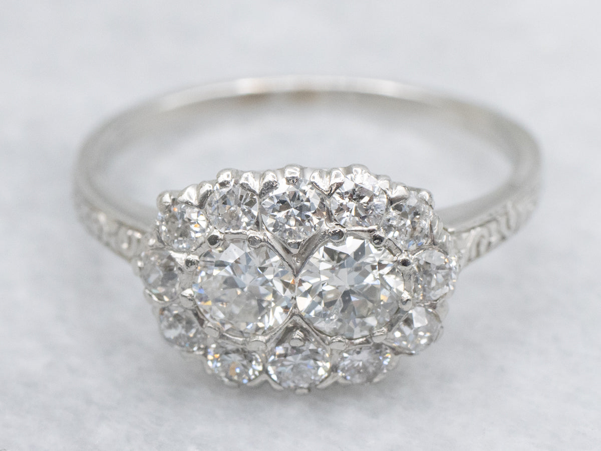 Antique Platinum Halo Ring with Old European and Mine Cut Diamonds