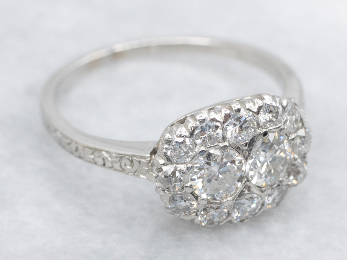 Antique Platinum Halo Ring with Old European and Mine Cut Diamonds