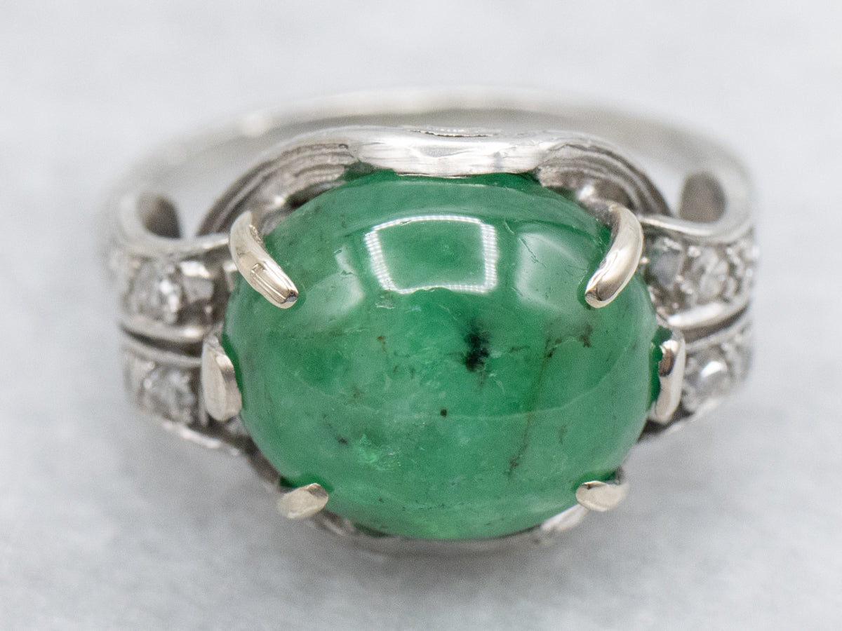 Antique Platinum Emerald Cabochon and Diamond Ring