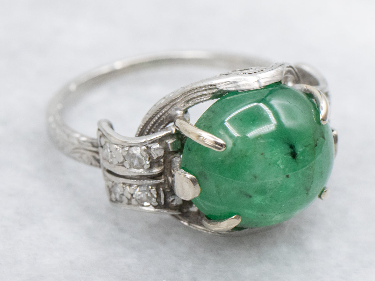 Antique Platinum Emerald Cabochon and Diamond Ring