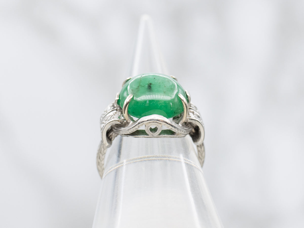 Antique Platinum Emerald Cabochon and Diamond Ring