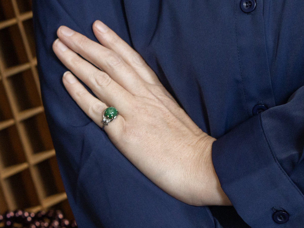 Antique Platinum Emerald Cabochon and Diamond Ring