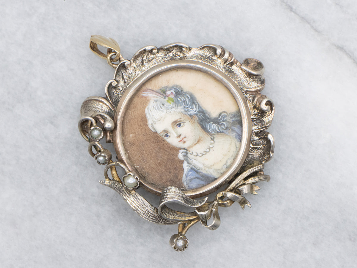 Hand-Painted Antique Miniature Portrait and Seed Pearl Pendant