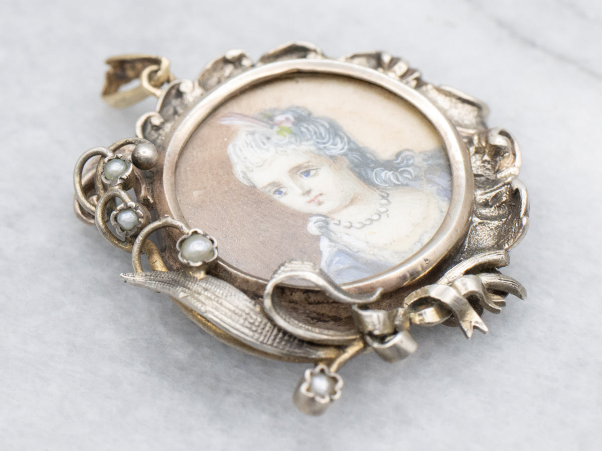 Hand-Painted Antique Miniature Portrait and Seed Pearl Pendant