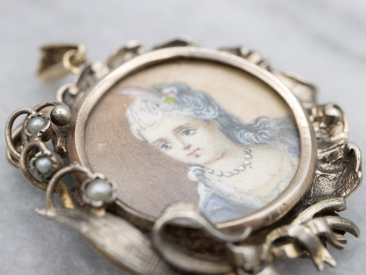 Hand-Painted Antique Miniature Portrait and Seed Pearl Pendant