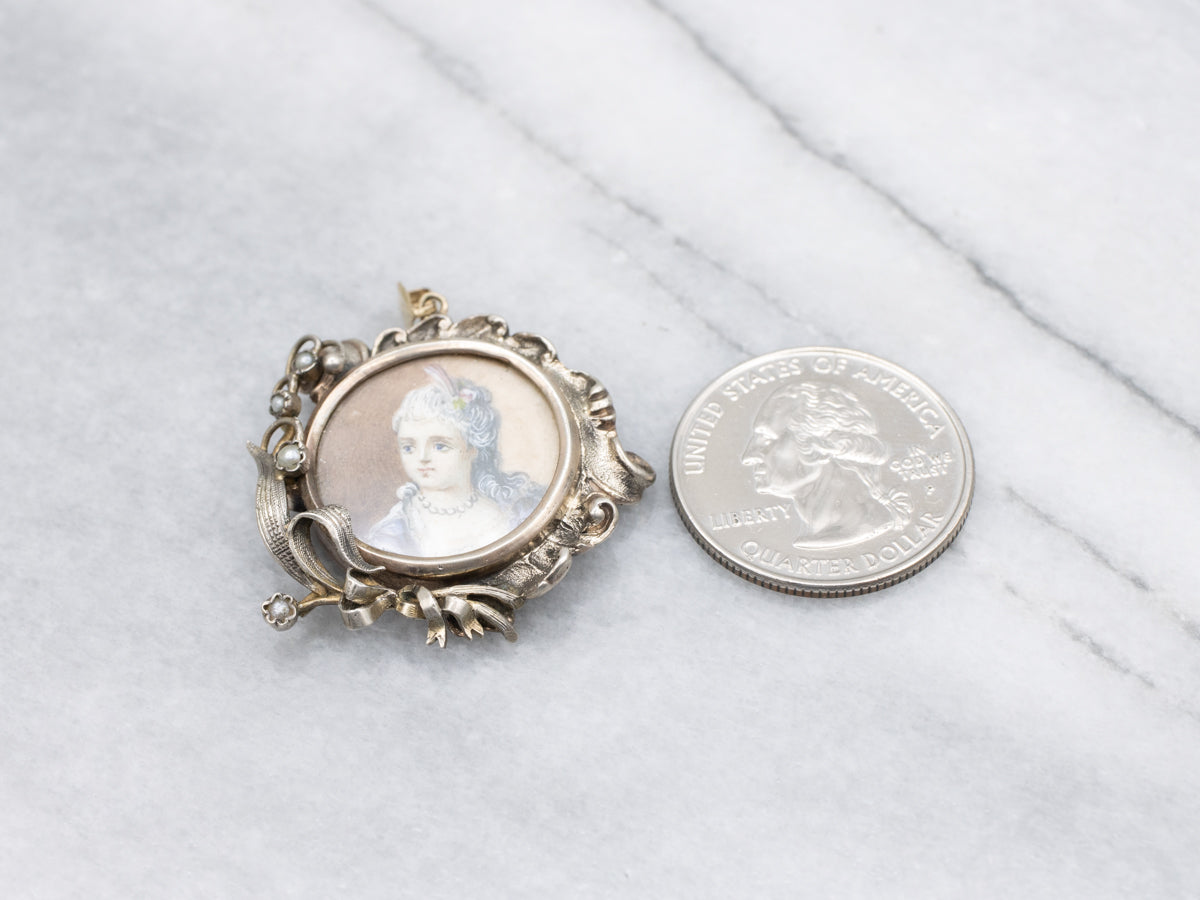 Hand-Painted Antique Miniature Portrait and Seed Pearl Pendant